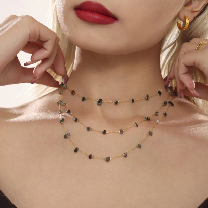 Wholesale Natural Crushed Crystal Stone Grass Green Necklace Bracelet Stainless Steel Handmade Chain Jewelry Set