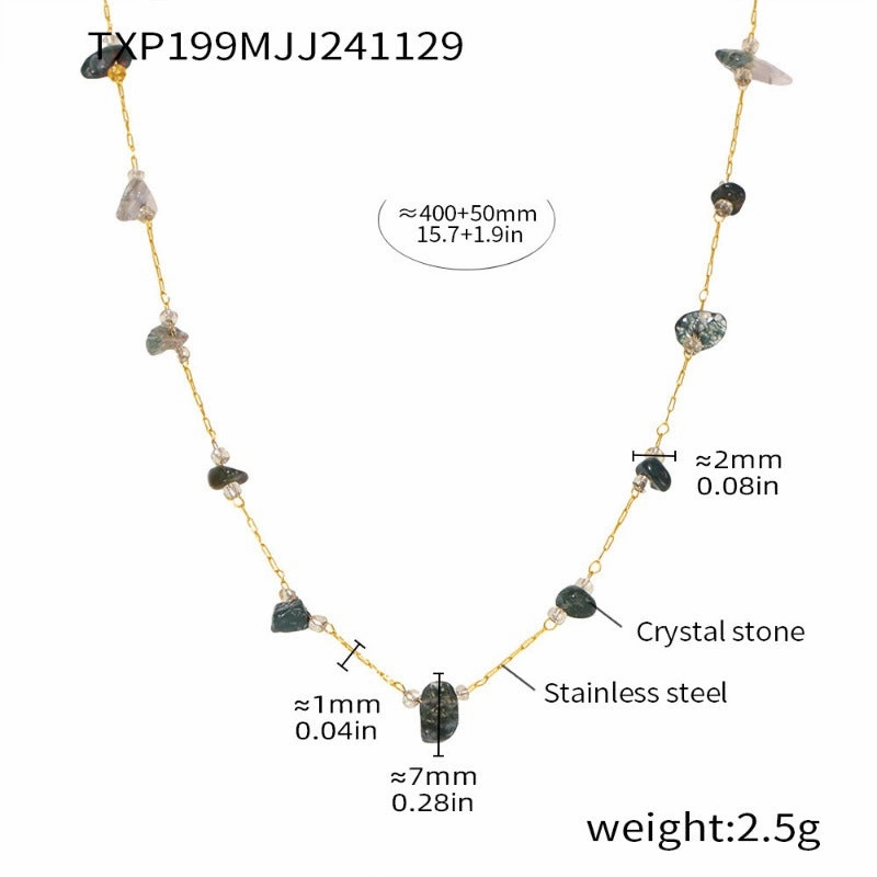 Wholesale Natural Crushed Crystal Stone Grass Green Necklace Bracelet Stainless Steel Handmade Chain Jewelry Set