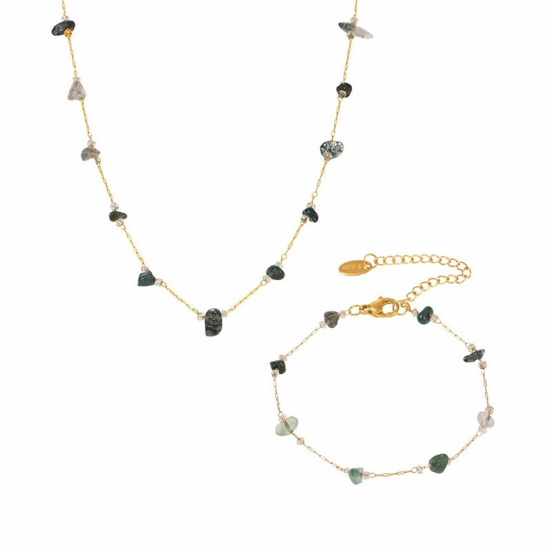 Wholesale Natural Crushed Crystal Stone Grass Green Necklace Bracelet Stainless Steel Handmade Chain Jewelry Set