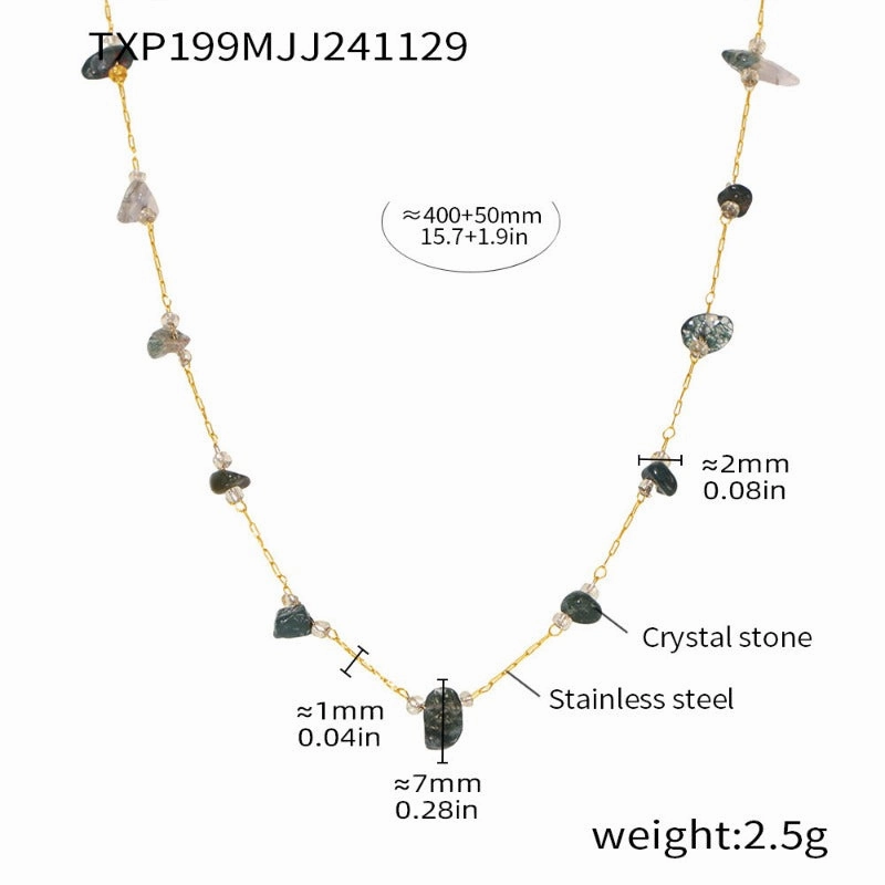 Wholesale Natural Crushed Crystal Stone Grass Green Necklace Bracelet Stainless Steel Handmade Chain Jewelry Set