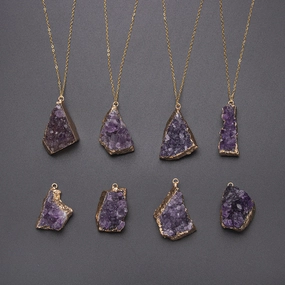 Wholesale Natural Crystal Pendant Crystal Cluster Color Prototype Amethyst Cave Gold-plated Edge Necklace