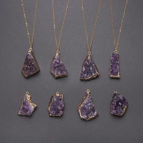 Wholesale Natural Crystal Pendant Crystal Cluster Color Prototype Amethyst Cave Gold-plated Edge Necklace