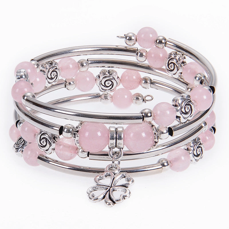 Wholesale Natural Pink Zebra Stone Multi-layer Natural Stone Beaded Flower Bracelet