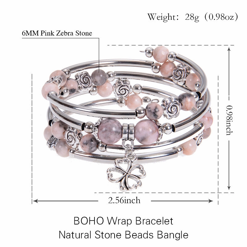 Wholesale Natural Pink Zebra Stone Multi-layer Natural Stone Beaded Flower Bracelet