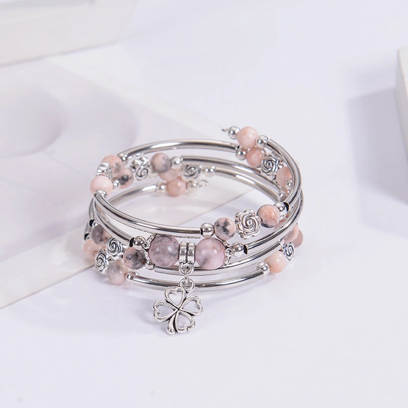 Wholesale Natural Pink Zebra Stone Multi-layer Natural Stone Beaded Flower Bracelet