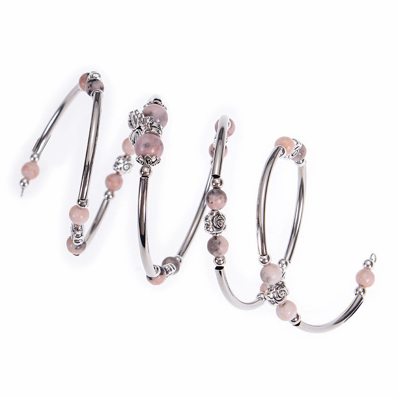 Wholesale Natural Pink Zebra Stone Multi-layer Natural Stone Beaded Flower Bracelet