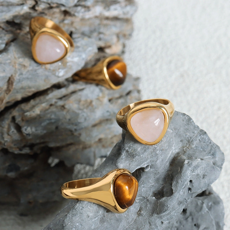 Wholesale Natural rose quartz natural tiger eye vintage titanium steel ring