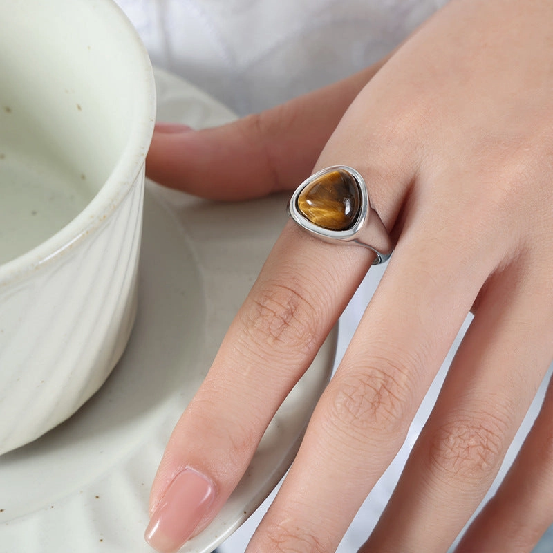 Wholesale Natural rose quartz natural tiger eye vintage titanium steel ring