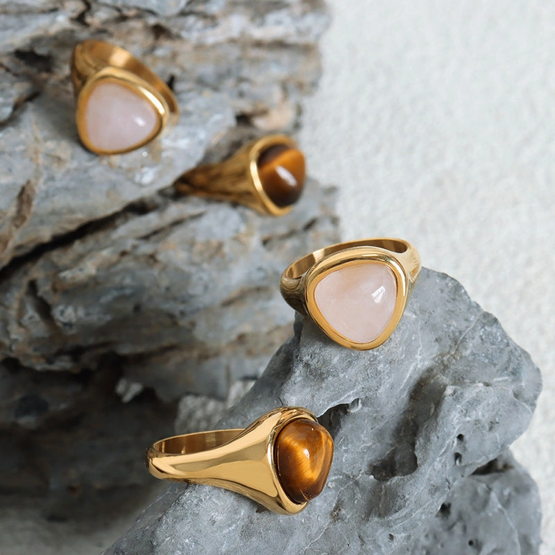 Wholesale Natural Rose Quartz Tiger Eye Stone Retro Couple Rings Titanium Steel Ring