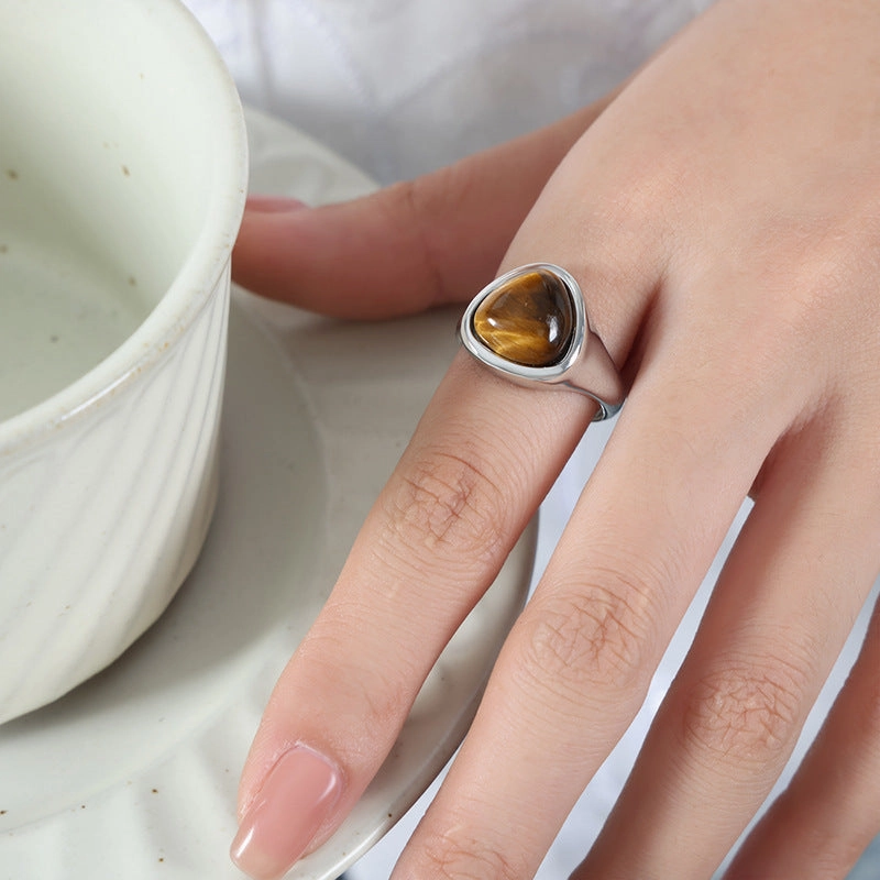 Wholesale Natural Rose Quartz Tiger Eye Stone Retro Couple Rings Titanium Steel Ring