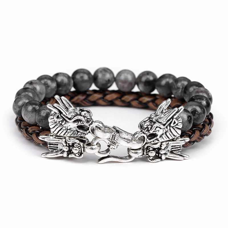 Wholesale Natural Stone Beads Leather Cord Double Layer Alloy Faucet Bracelet