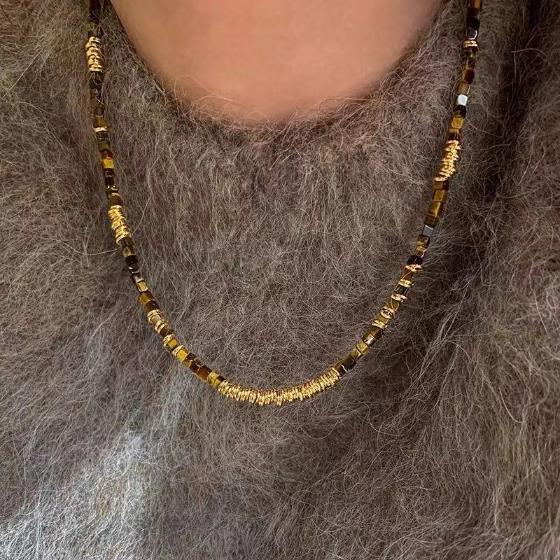 Wholesale Natural Tiger Eye Maillard Beaded Sweater Necklace