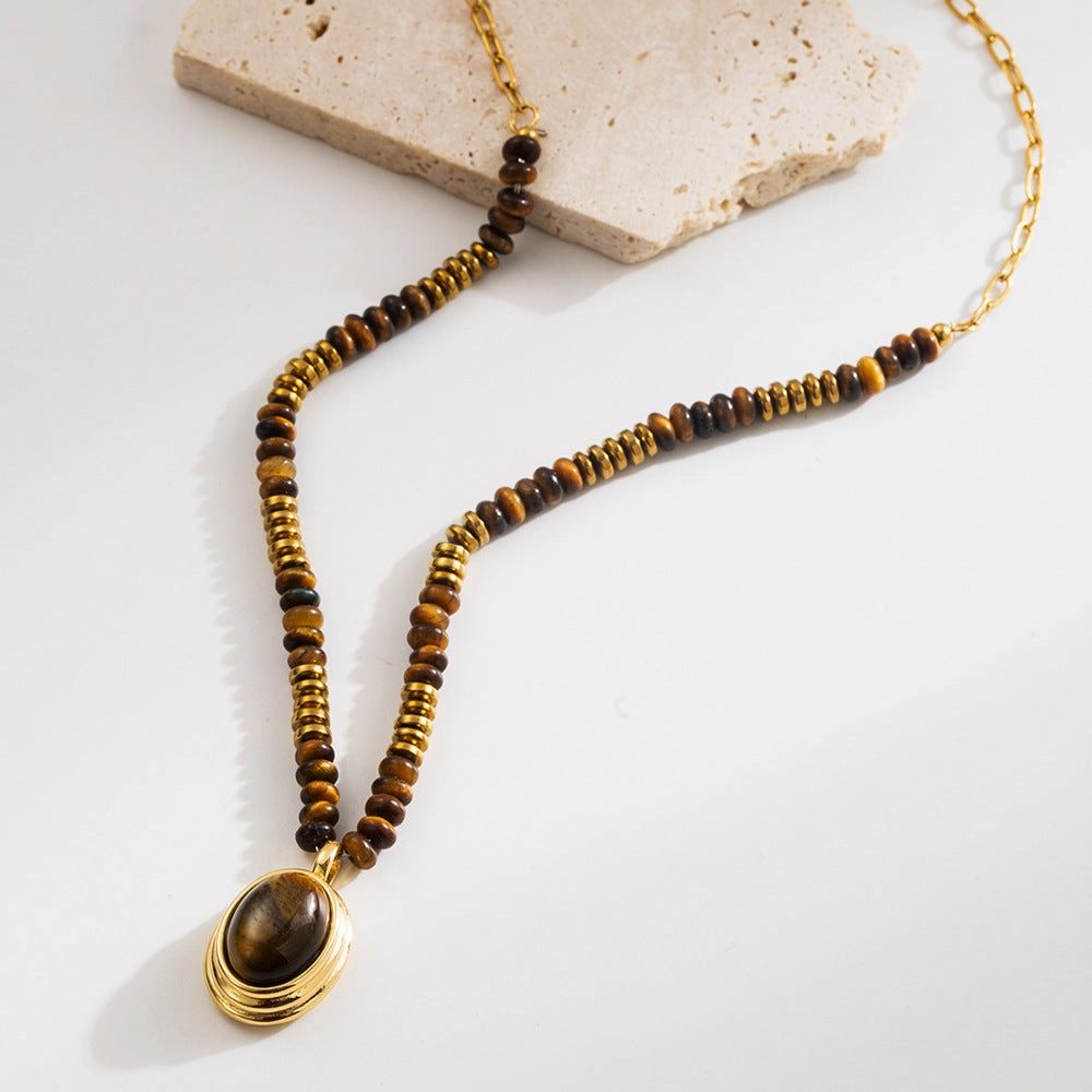 Wholesale Natural Tiger's Eye Niche Maillard Style Geometric Retro Titanium Steel Clavicle Necklace