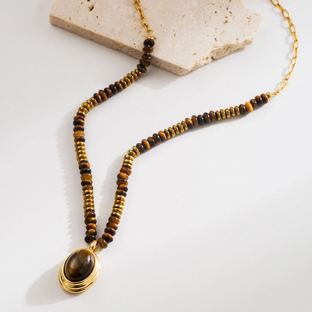 Wholesale Natural Tiger's Eye Stone Niche Premium Sense Maillard Wind Neck Chain Geometric Vintage Titanium Steel Clavicle Necklace