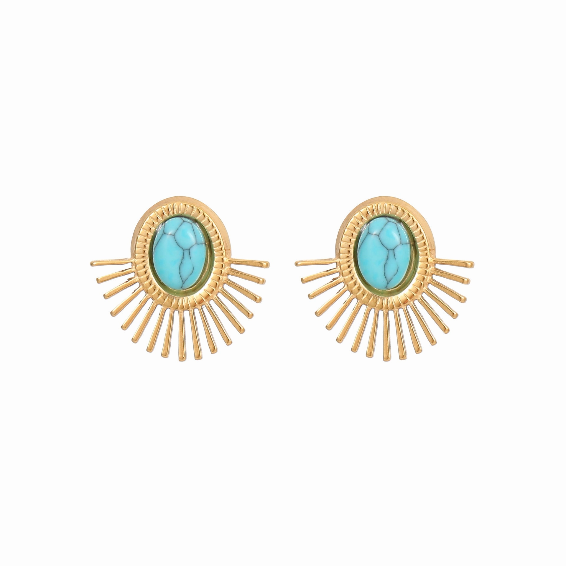 Wholesale Natural Turquoise Fan-shaped Hollow Stainless Steel Earrings