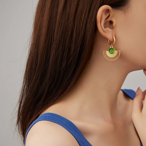 Wholesale Natural Turquoise Fan-shaped Hollow Stainless Steel Earrings