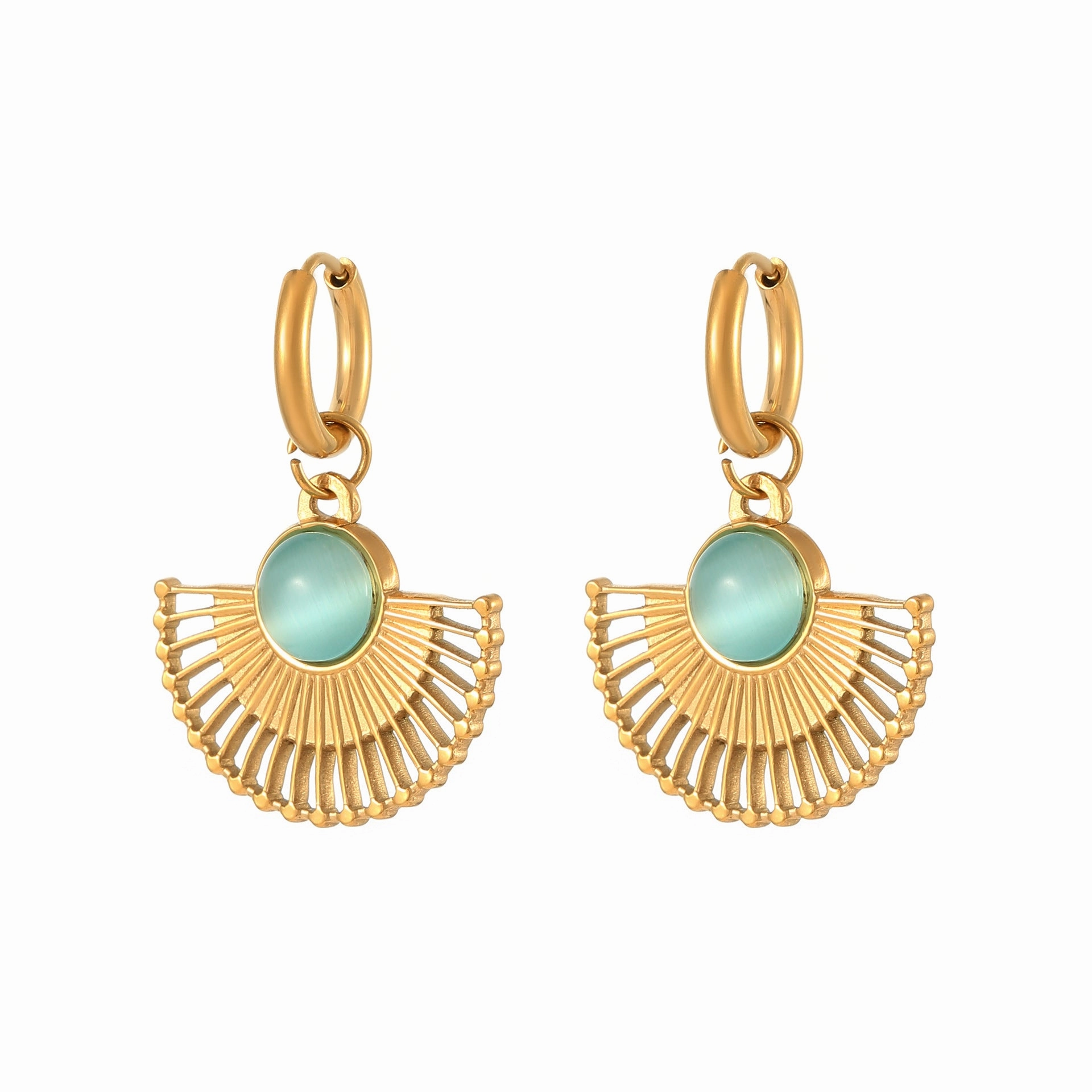 Wholesale Natural Turquoise Fan-shaped Hollow Stainless Steel Earrings