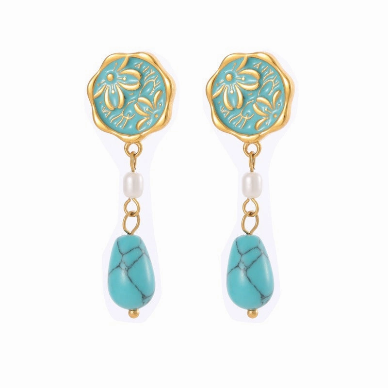 Wholesale Natural Turquoise Fan-shaped Hollow Stainless Steel Earrings