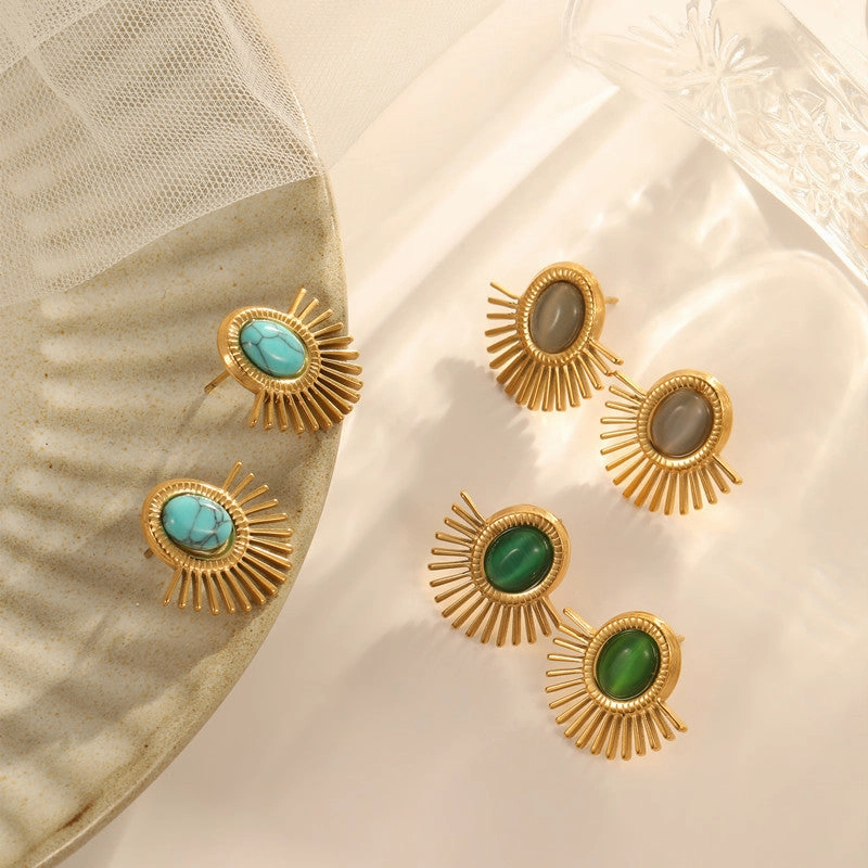 Wholesale Natural Turquoise Fan-shaped Hollow Stainless Steel Earrings