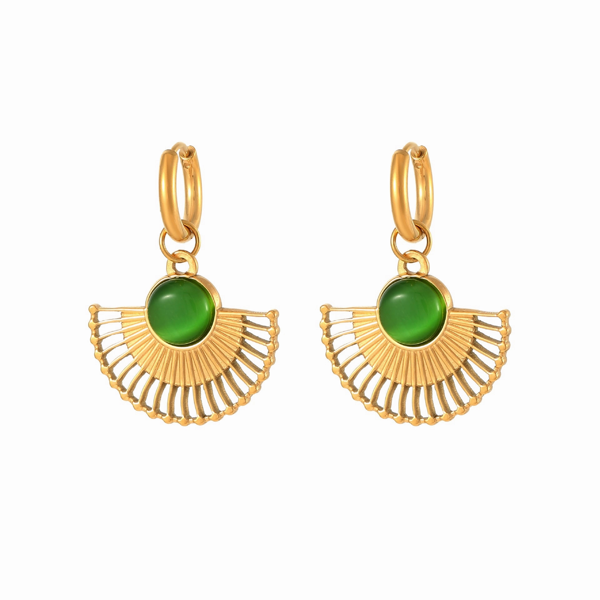 Wholesale Natural Turquoise Fan-shaped Hollow Stainless Steel Earrings