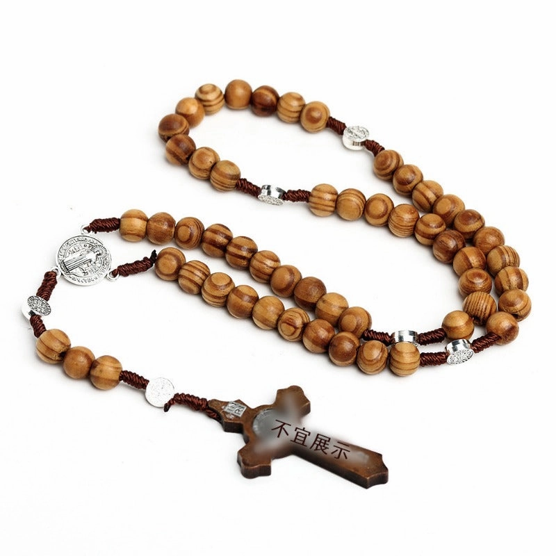 Wholesale Natural Wood Beads Cross Rosary Necklace