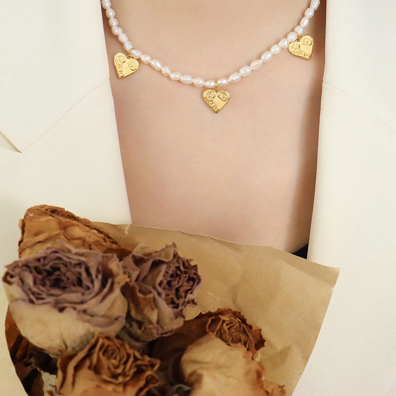 Wholesale Necklace Baroque Pearl Titanium Steel Heart Shape OLY-NE-FanT001