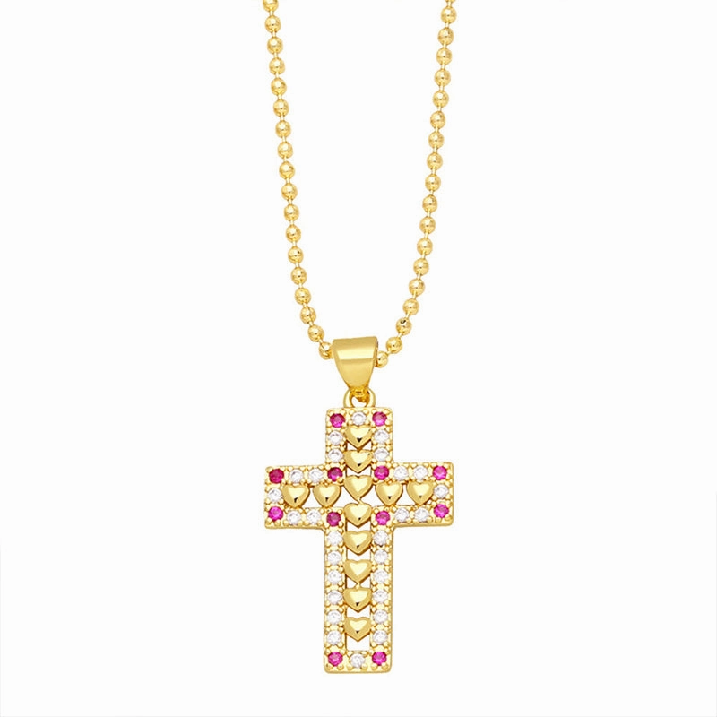 Wholesale Necklace Copper Plated 18K Gold Zircon Diamond Cross OLY-NE-AS010