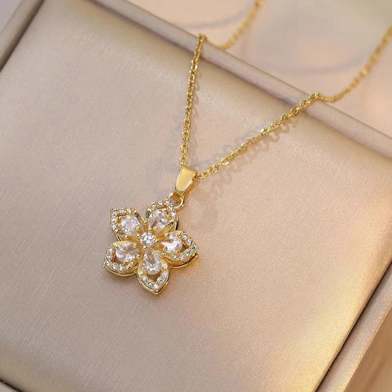Wholesale Necklace rotating bauhinia zircon flower pendant temperament titanium steel necklace