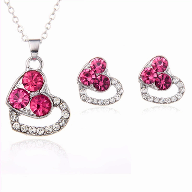 Wholesale Necklace Set Colorful Diamond Heart Shape Female Pendant Alloy Earrings