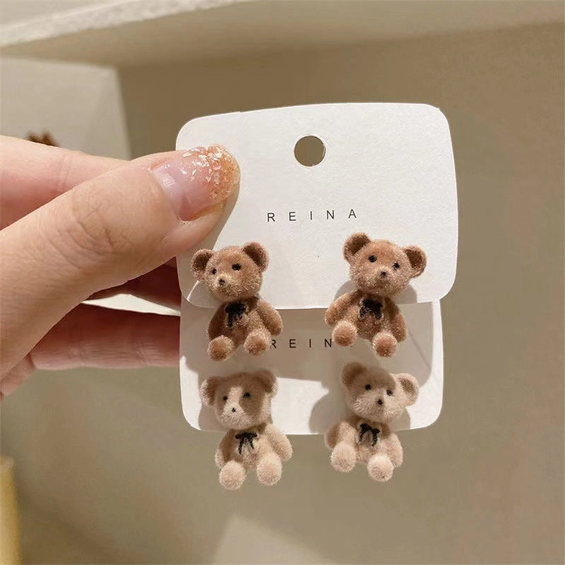 Wholesale Needle Korean Velvet Cute Bear Earrings Elegant Simple Trendy Women's Students Heart Ear Jewelry