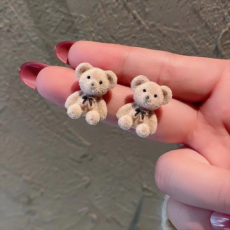 Wholesale Needle Korean Velvet Cute Bear Earrings Elegant Simple Trendy Women's Students Heart Ear Jewelry