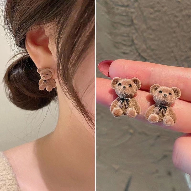 Wholesale Needle Korean Velvet Cute Bear Earrings Elegant Simple Trendy Women's Students Heart Ear Jewelry