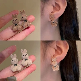 Wholesale Needle Korean Velvet Cute Bear Earrings Elegant Simple Trendy Women's Students Heart Ear Jewelry