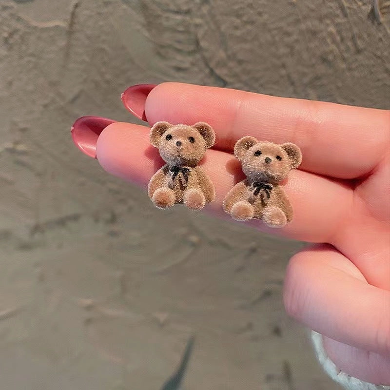 Wholesale Needle Korean Velvet Cute Bear Earrings Elegant Simple Trendy Women's Students Heart Ear Jewelry