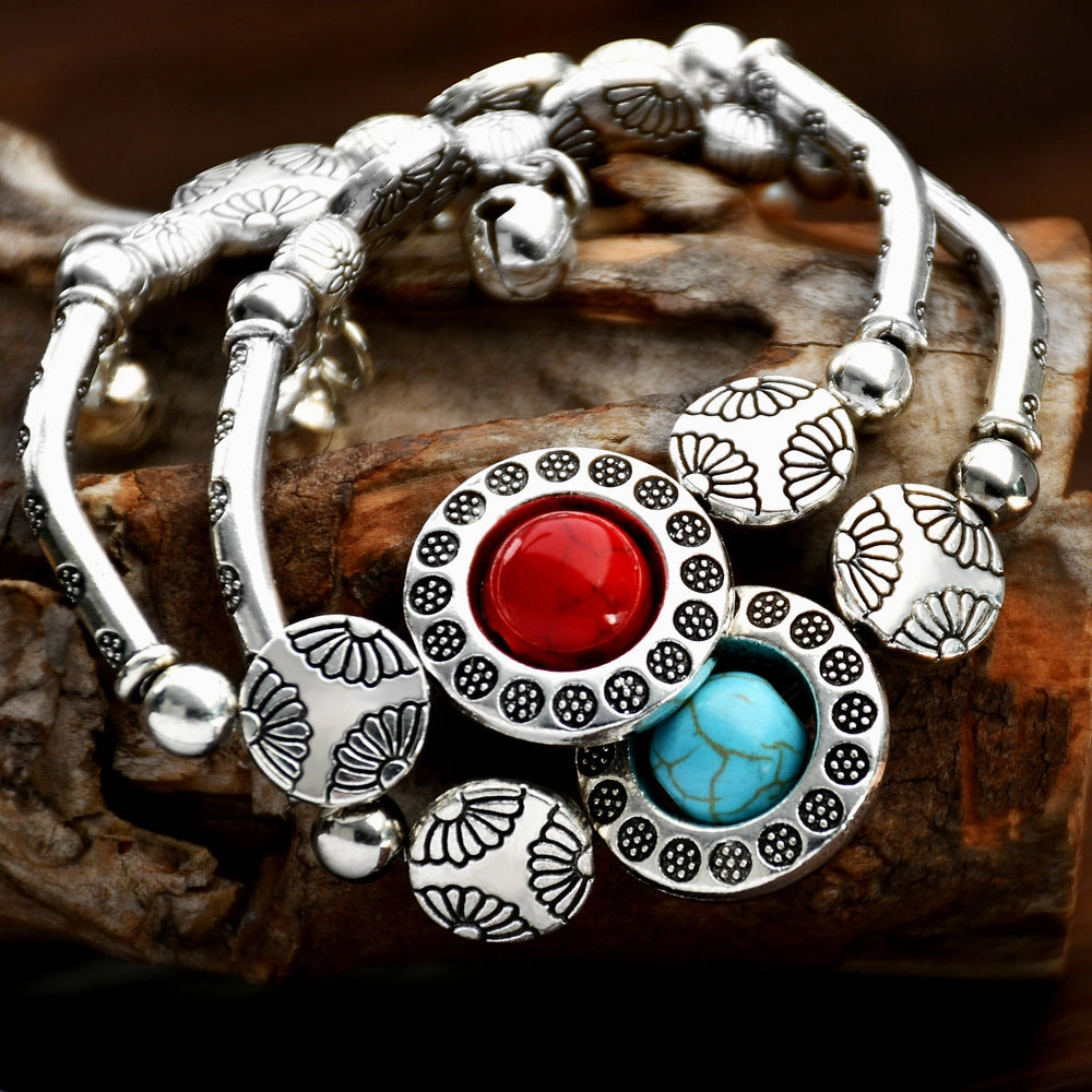 Wholesale Nepalese ethnic style Tibetan silver bell bracelet niche vintage turquoise bracelet