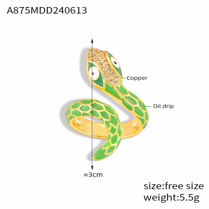 Wholesale  New All-match Color Oil Dripping Ins Wind Finger Ring Copper Gold Plated Diamond Three-dimensional Snake-shaped Winding Open Ring