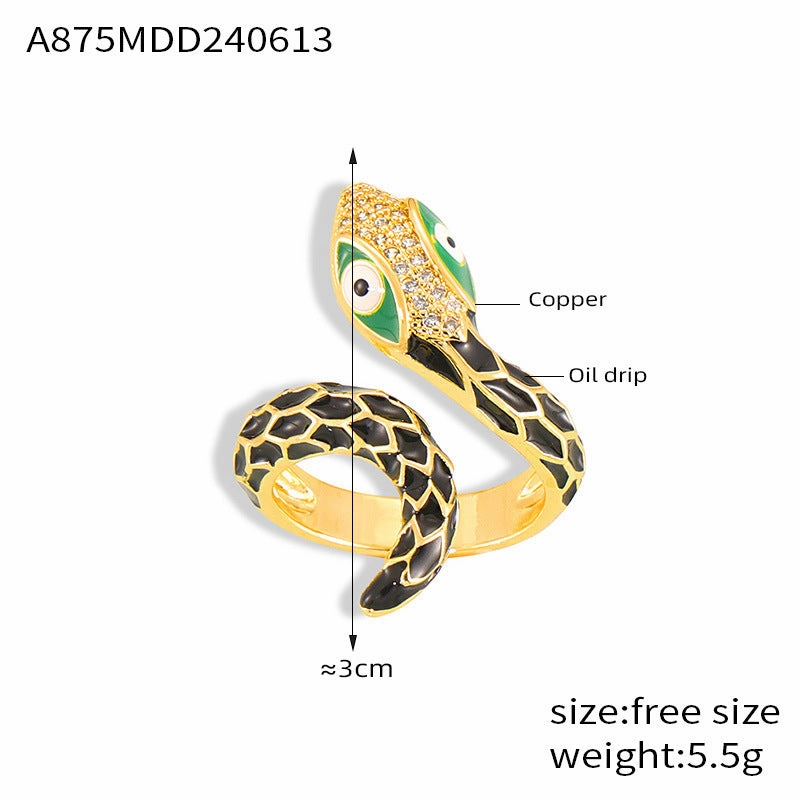 Wholesale  New All-match Color Oil Dripping Ins Wind Finger Ring Copper Gold Plated Diamond Three-dimensional Snake-shaped Winding Open Ring