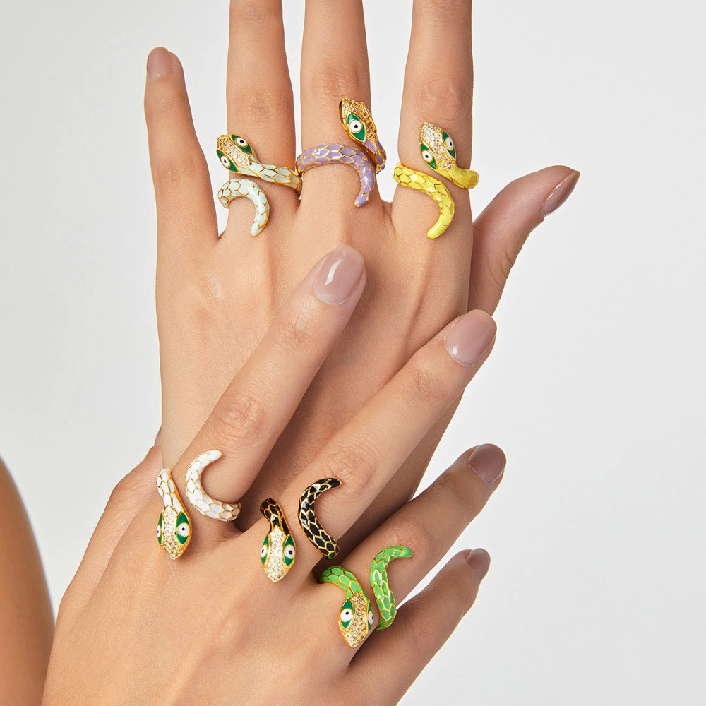 Wholesale  New All-match Color Oil Dripping Ins Wind Finger Ring Copper Gold Plated Diamond Three-dimensional Snake-shaped Winding Open Ring