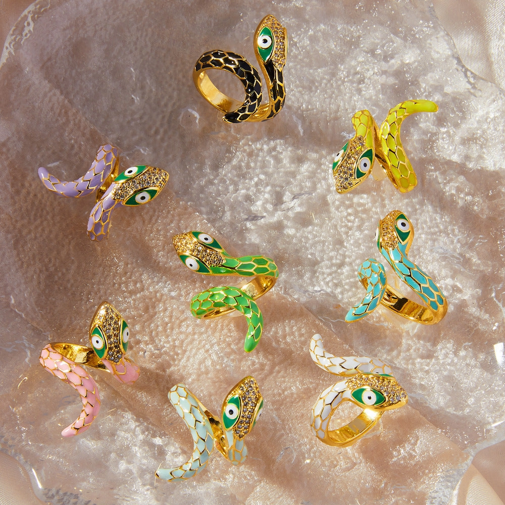Wholesale  New All-match Color Oil Dripping Ins Wind Finger Ring Copper Gold Plated Diamond Three-dimensional Snake-shaped Winding Open Ring