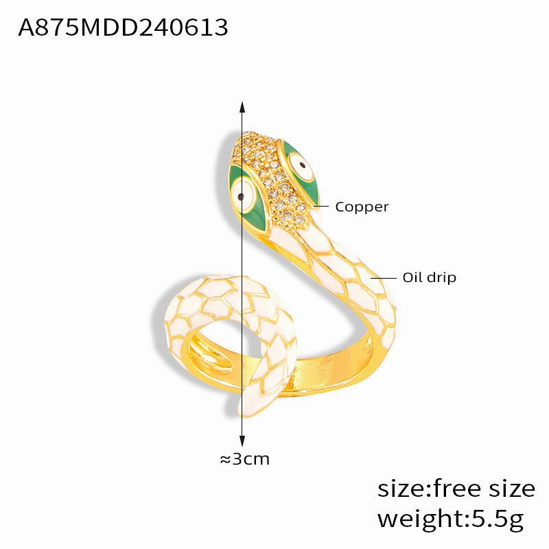 Wholesale  New All-match Color Oil Dripping Ins Wind Finger Ring Copper Gold Plated Diamond Three-dimensional Snake-shaped Winding Open Ring