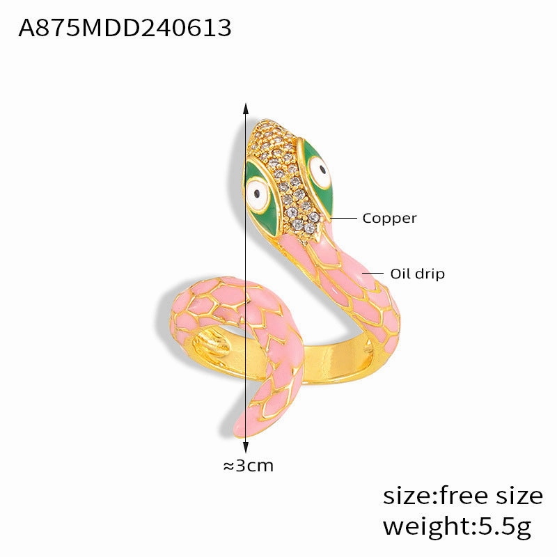 Wholesale  New All-match Color Oil Dripping Ins Wind Finger Ring Copper Gold Plated Diamond Three-dimensional Snake-shaped Winding Open Ring