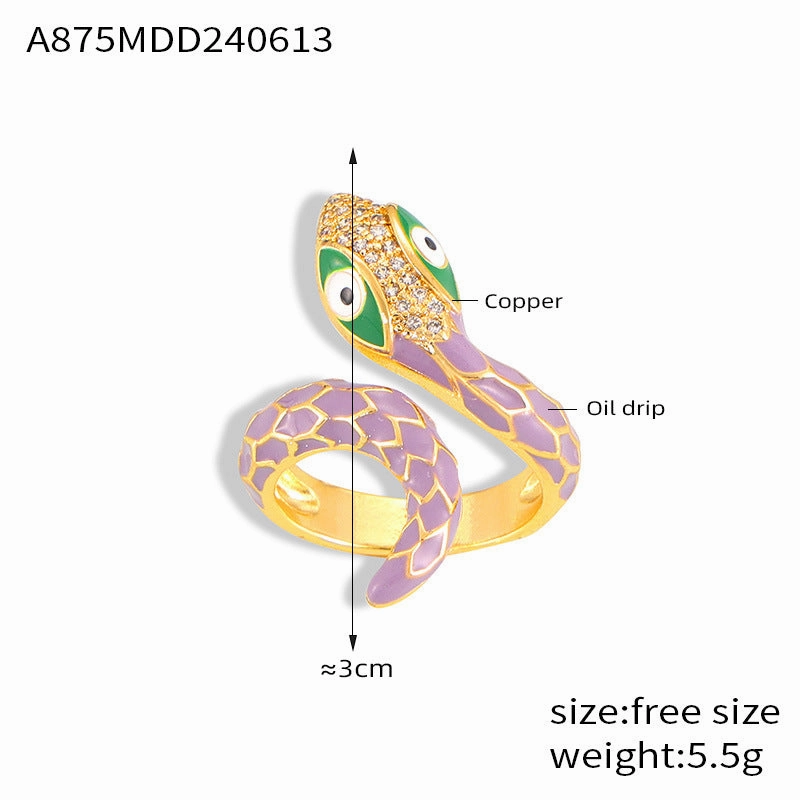 Wholesale  New All-match Color Oil Dripping Ins Wind Finger Ring Copper Gold Plated Diamond Three-dimensional Snake-shaped Winding Open Ring