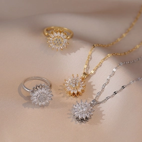 Wholesale New Arrival Diamond-encrusted Sunflower Ins Ring Rotatable Clavicle Chain Jewelry