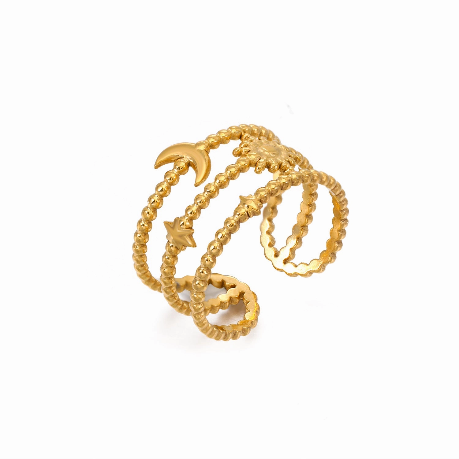 Wholesale New Arrival Three Layer Moon Star Gold Stainless Steel Ring