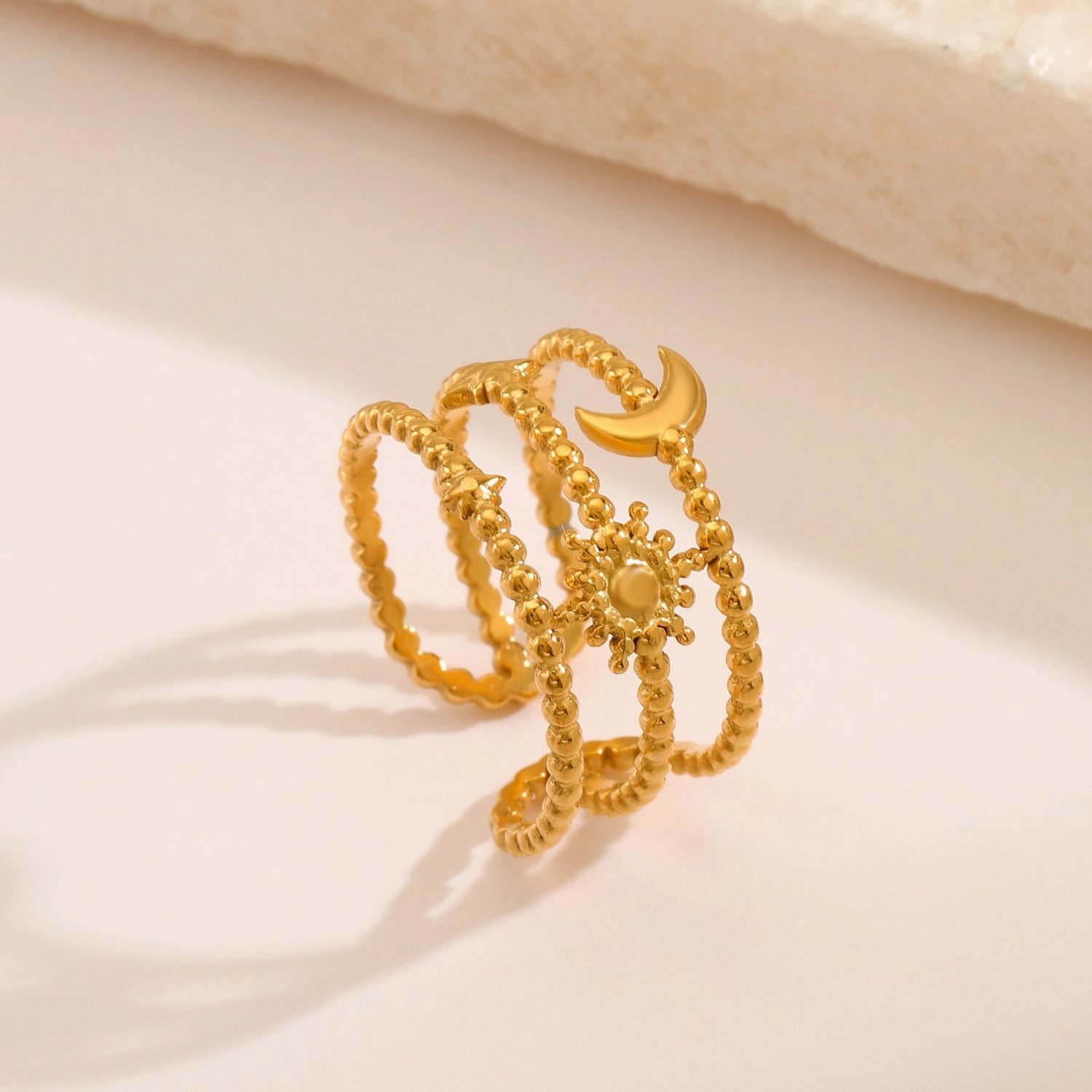 Wholesale New Arrival Three Layer Moon Star Gold Stainless Steel Ring