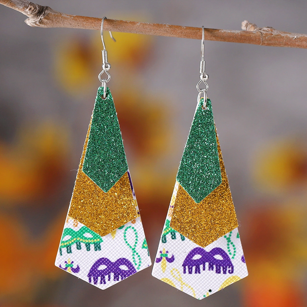 Wholesale new carnival green yellow purple sequins glitter 3 layer PU leather pendant earrings fashion carnival earrings
