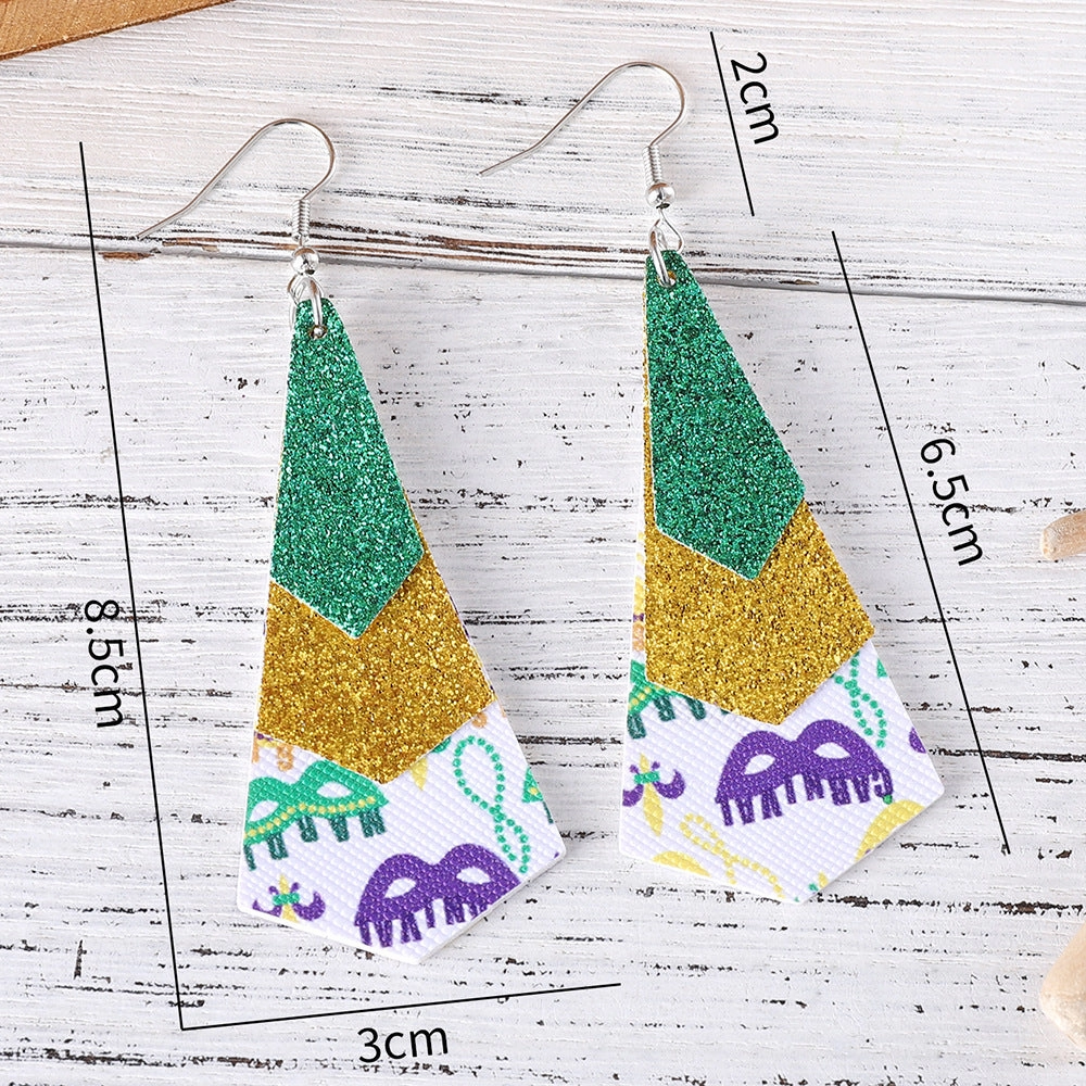 Wholesale new carnival green yellow purple sequins glitter 3 layer PU leather pendant earrings fashion carnival earrings