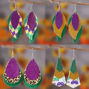 Wholesale new carnival green yellow purple sequins glitter 3 layer PU leather pendant earrings fashion carnival earrings