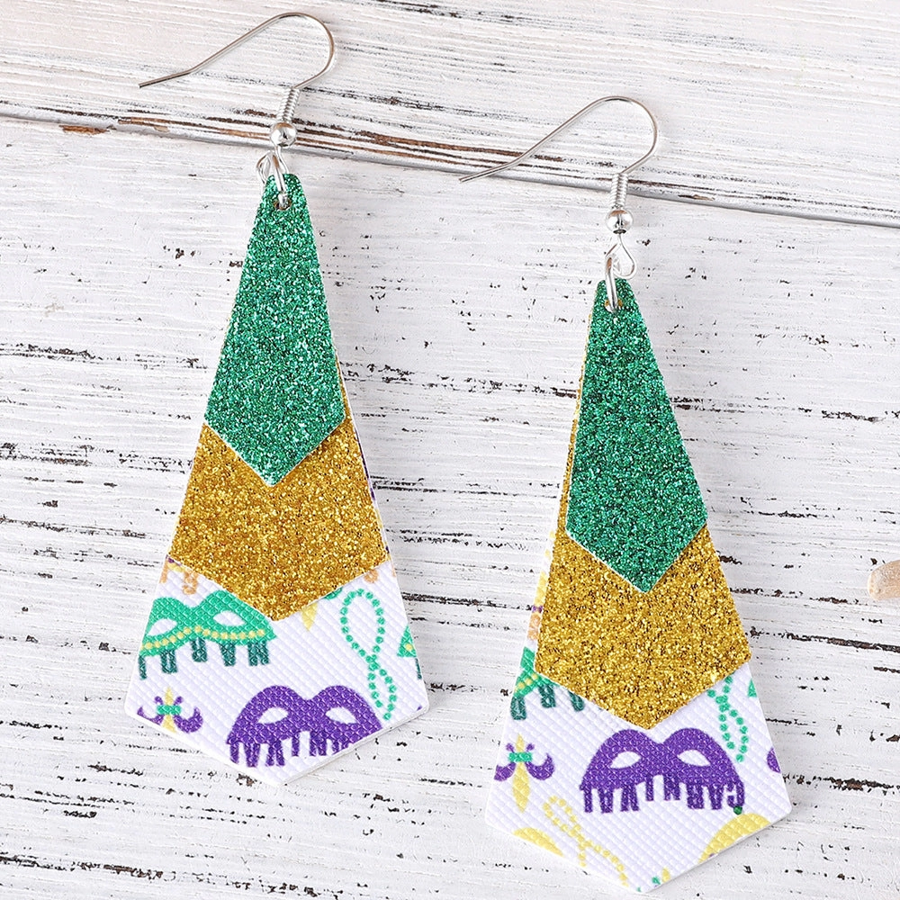 Wholesale new carnival green yellow purple sequins glitter 3 layer PU leather pendant earrings fashion carnival earrings