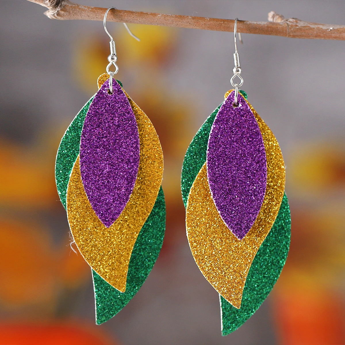 Wholesale new carnival green yellow purple sequins glitter 3 layer PU leather pendant earrings fashion carnival earrings